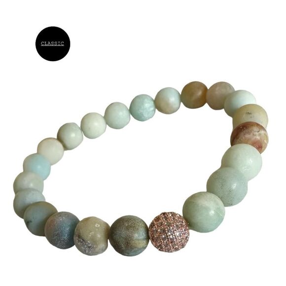 8mm Matte Amazonite Stretch Bracelet with 8mm Pave Rose Gold Spacer - Picture 1 of 4